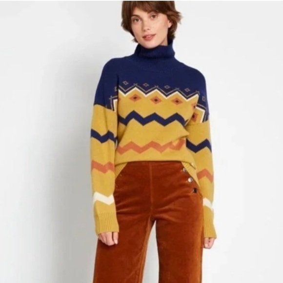 ModCloth Make Mine Cozy Fair Isle Turtleneck Sweater Yellow Blue Size S - Picture 1 of 4